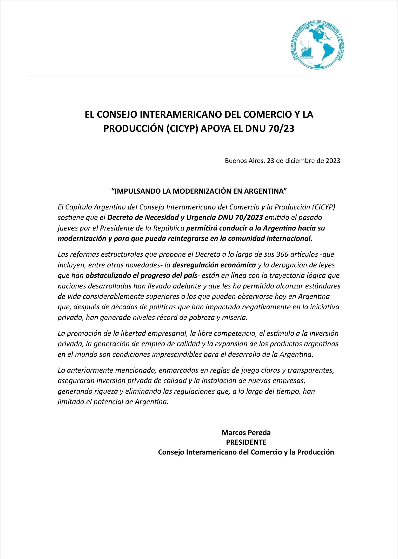Декрет Милея получил одобрение Межамериканского совета по торговле и производству (CICYP)